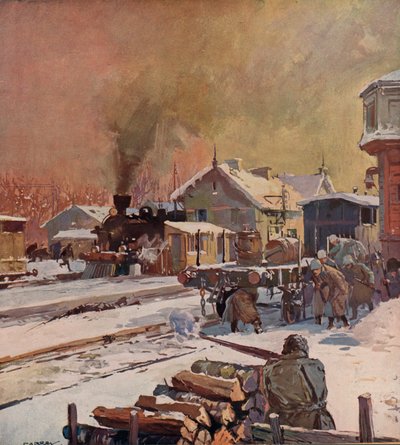 Slag tussen Rode en Witte troepen bij een treinstation, Russische Burgeroorlog door (after) Carrey