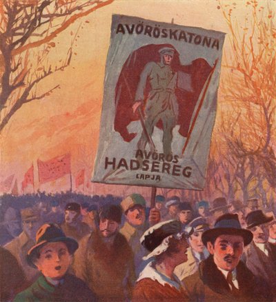 Demonstratie ter ondersteuning van de werving voor het Russische Rode Leger, Boedapest, Hongarije (kleur litho) door (after) Carrey
