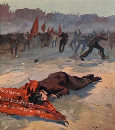 Dood van een activist van de Socialistische Revolutionaire Partij genaamd Gorbachevskaya door Bolsjewistische Rode Garde tijdens een demonstratie, Petrograd, Rusland door (after) Carrey