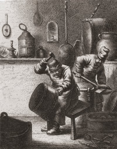 Kopersmeden aan het werk in de 17e eeuw door (after) Dutch School