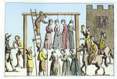 Een executie van heksen in Engeland (gravure) door (after) English School