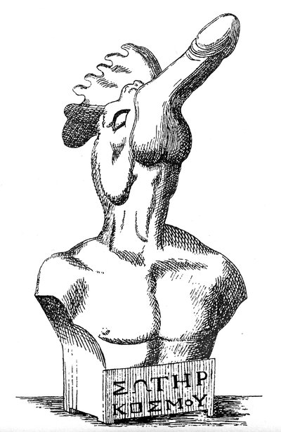Oud-Griekse of Hellenistische bronzen sculptuur die een menselijk torso afbeeldt met een haan en fallus als hoofd en Griekse inscriptie 