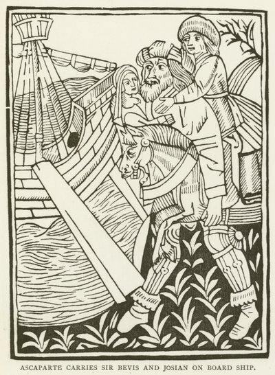 Ascaparte draagt Sir Bevis en Josian aan boord van het schip door (after) English School