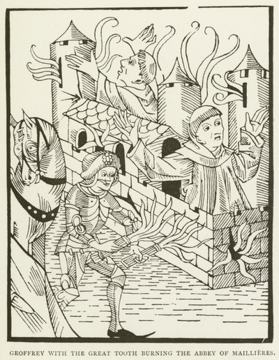 Geoffrey met de grote tand die de abdij van Maillieres verbrandt (gravure) door (after) English School