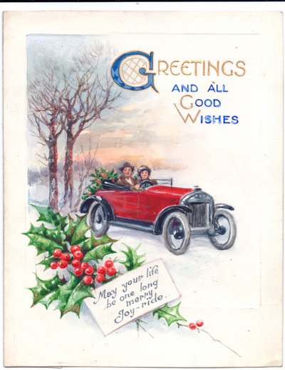 Origineel kunstwerk voor een kerstkaart van een rode auto en hulst, circa 1951 door (after) English School