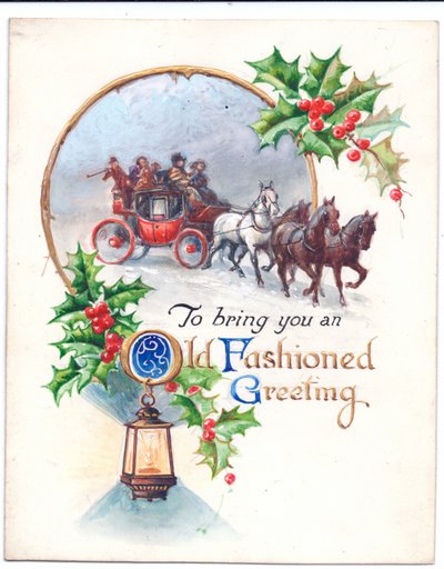 Origineel kunstwerk voor een kerstkaart van een postkoets, lantaarn en hulst, circa 1952 door (after) English School