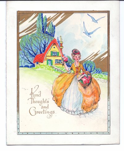 Origineel kunstwerk voor een wenskaart van een dame in een crinolinerok, een huisje en twee blauwe vogels, circa 1950 door (after) English School