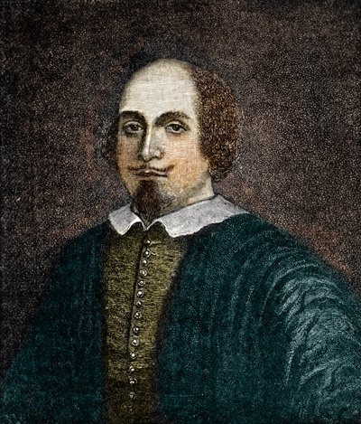 Portret van Engelse toneelschrijver William Shakespeare. Gravure naar een anoniem 18e-eeuws schilderij door (after) English School