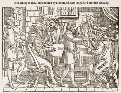 Het verbranden van de hand van Tho. Tomkins door B. Boner, die niet lang daarna ook zijn lichaam verbrandde, illustratie uit 