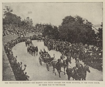 De festiviteiten in Hongarije, Zijne Majesteit en graaf Szapáry de premier, in de staatskoets, op weg naar het paleis (zwart-wit foto) door (after) English photographer