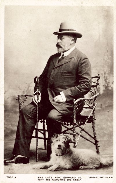 De overleden Koning Edward VII, met zijn favoriete hond Caesar door (after) English photographer