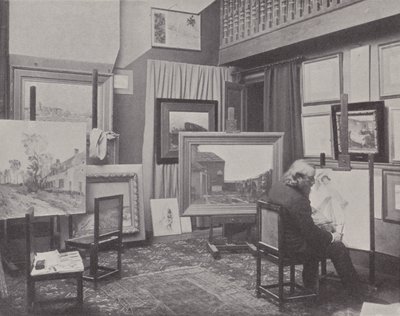 Franse schilder Jean Charles Cazin in zijn atelier (zwart-wit foto) door (after) French Photographer