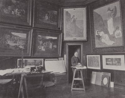 Franse schilder Pierre Puvis de Chavannes in zijn atelier door (after) French Photographer
