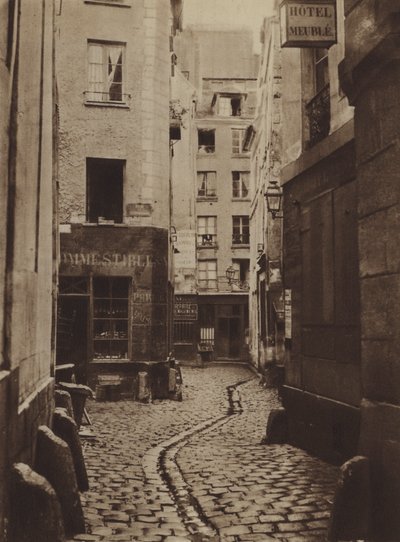 Rue des Trois-Cannettes in 1865, was op de locatie van het nieuwe Hotel-Dieu (zwart-wit foto) door (after) French Photographer