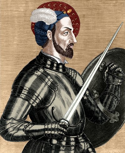 Karel van Bourbon (1490-1527), opperbevelhebber van de Franse legers, ingekleurde gravure door (after) French School