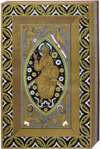 Christus in Mandorla met de symbolen van de 4 evangelisten (Tetramorf). Lithografie die een geëmailleerde omslag uit de 13e eeuw reproduceert. door (after) French School