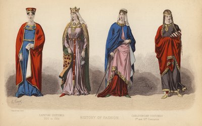 Mode in Frankrijk: Capetiaanse Kostuums 1100 tot 1364; Karolingische Kostuums 9e en 10e Eeuw (gekleurde gravure) door (after) French School