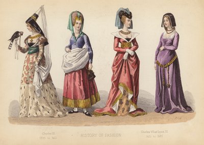 Mode in Frankrijk: Karel VI 1395 tot 1422; Karel VII en Lodewijk XI 1422 tot 1483 (gekleurde gravure) door (after) French School