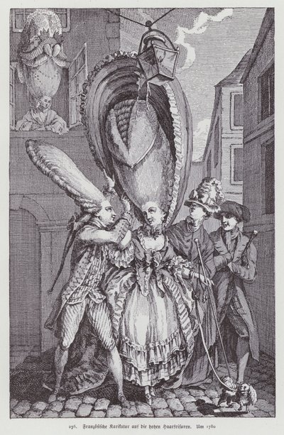 Franse cartoon die de kapsels van vrouwen uit die tijd bespot door (after) French School