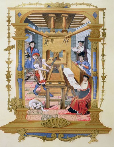 Interieur van een 16e-eeuwse drukkerij, kopie van een miniatuur uit 
