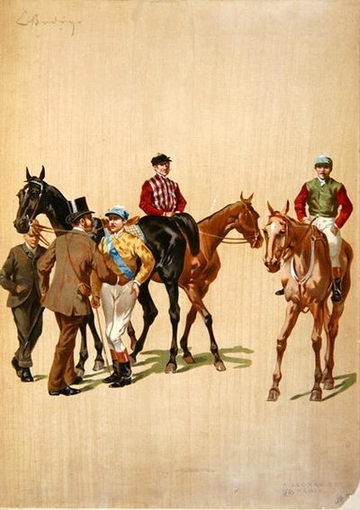 Jockeys op de renbaan, ca. 1875 door (after) French School