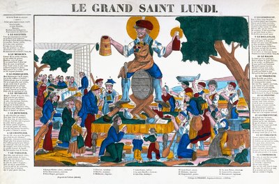 De Grote Heilige Maandag, cartoon over arbeiders en handelaars die maandagen aan alcohol besteden in plaats van aan hun werk, midden 19e eeuw door (after) French School