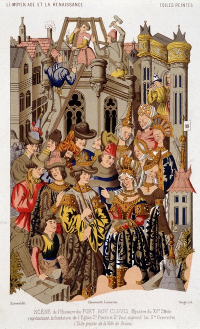 Scène uit de geschiedenis van Fort Roy de Clovis. Mysterie van de 15e eeuw die de stichting van de Kerk van St. Peter en St. Paul, tegenwoordig Saint Genevieve, voorstelt. (van het) Geschilderde doek van de stad Reims. door (after) French School