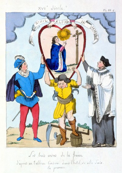 De drie orden van Frankrijk volgens een schilderij bewaard in het stadhuis van Aix en Provence. Cartoon over de ongelijkheid van de drie orden na de revolutie van 1789 door (after) French School