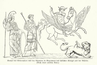 Bellerophon vecht tegen de Chimera (gravure) door (after) German School