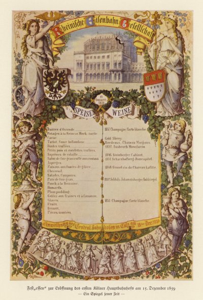 Menu voor een banket ter viering van de opening van het eerste treinstation in Keulen door (after) German School