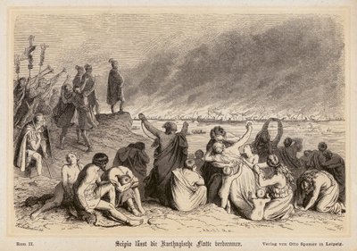 Scipio Africanus verbrandt de Carthaagse vloot door (after) German School