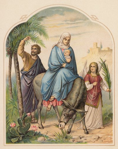De Vlucht naar Egypte (kleur litho) door (after) German School