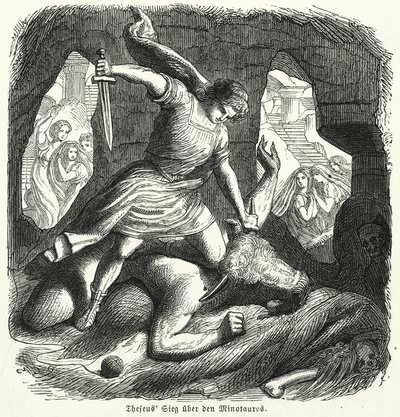 Theseus doodt de Minotaurus (gravure) door (after) German School