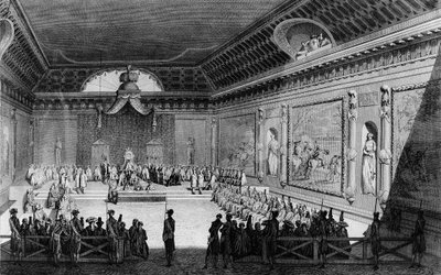Begin van de Franse revolutie: Vergadering van notabelen gehouden in Versailles op 22 februari door (after) Girardet