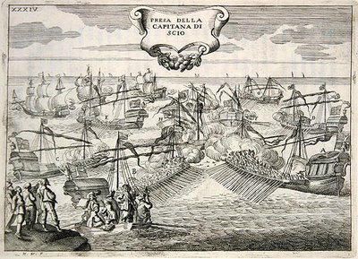 Galeien en galeassen in gevecht: gevangenneming van de kapitein van het eiland Chios, illustratie uit 