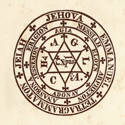 Occulte wetenschappen: magische cirkel. Schema uit "De Occulta Philosophia" door de Duitse occultist Henry Cornelius Agrippa van Nettesheim (1486-1535) (bekend als Cornelius Agrippa of Agrippa van Nettesheim) door (after) Italian School