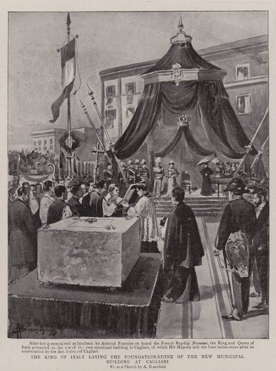 De koning van Italië legt de eerste steen van het nieuwe gemeentelijke gebouw in Cagliari door (after) Italian School