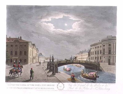 Uitzicht op het Kanaal van de Moika, de Brug en het Politiebureau in St. Petersburg, illustratie voor juli uit 