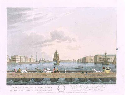 Zicht op het midden van de Grote Brug van de Neva, illustratie voor augustus uit 