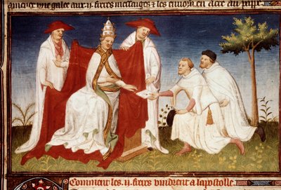 Broers Nicolo en Matteo Polo, oom en vader van Marco Polo (1254-1324) overhandigen aan paus Gregorius X een brief van Qubilai (Kubilai Khan, eerste keizer van de Mongoolse Yuan-dynastie (1215-1294) Miniatuur uit "Het Boek der Wonderen" door (and workshop) Boucicaut Master