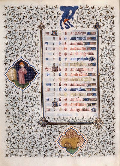 Pagina uit het manuscript Les Tres Riches Hours du Duke Francois de Guise: voorstelling van sterrenbeelden en scènes uit het dagelijks leven: de leeuw door (and workshop) Boucicaut Master