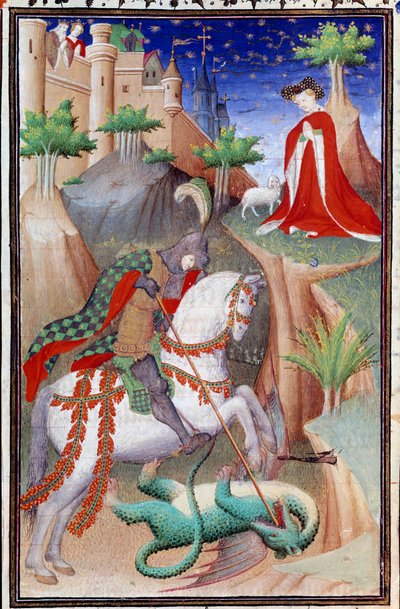 Pagina uit het manuscript Les Tres Riches Hours du Duke Francois de Guise: voorstelling van Sint Joris en de Draak door (and workshop) Boucicaut Master