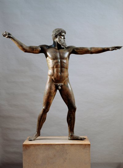Griekse kunst: bronzen beeld genaamd de god van Kaap Artemision door (attr. to) Kalamis