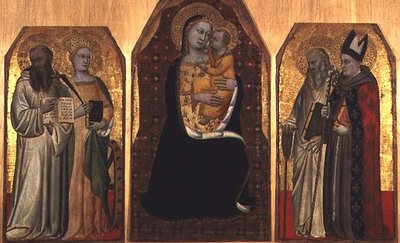 Drieluik: Madonna en Kind geflankeerd door vier heiligen door (attr to) Puccio di Simone