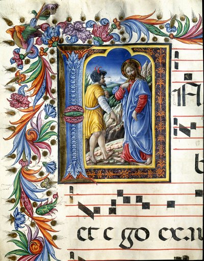 Gedecoreerde initiaal die de verleiding van Christus afbeeldt Miniatuur door Liberale da Verona (1445-1529) uit een koorboek (Cod. 20/5. c.45v) uit de kathedraal van Siena door (c.1445 1527) Liberale da Verona