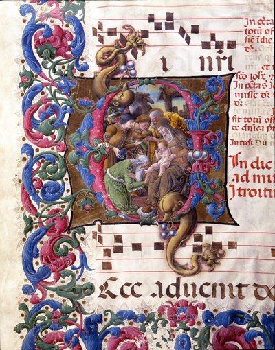 Gedecoreerde initiaal die de Aanbidding der Wijzen voorstelt door (c.1445 1527) Liberale da Verona