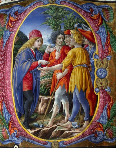 Versierde initiaal die de parabel van de moorddadige wijnbouwers voorstelt (Evangelie volgens Matteüs Mt 21, 33-43) door (c.1445 1527) Liberale da Verona