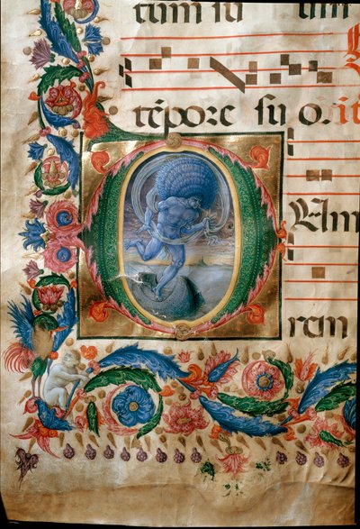 Lettrine met voorstelling van Aeolus, de bewaker van de winden door (c.1445 1527) Liberale da Verona