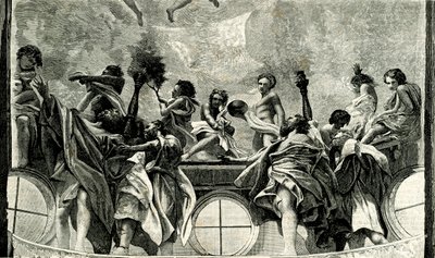 Hemelvaart van de Maagd, detail van fresco door Correggio (1489-1534), koepel van de kathedraal van Parma, Emilia Romagna, Italië, houtsnede uit Le cento città d