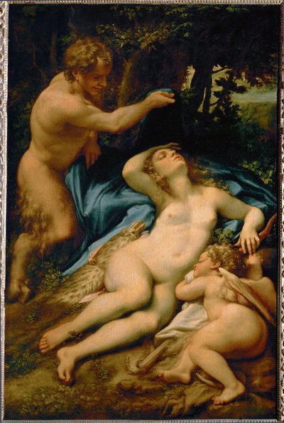 Venus, slapend, geobserveerd door een sater - ook wel "de slaap van Antiope" genoemd ... door (c.1489-1534) Correggio